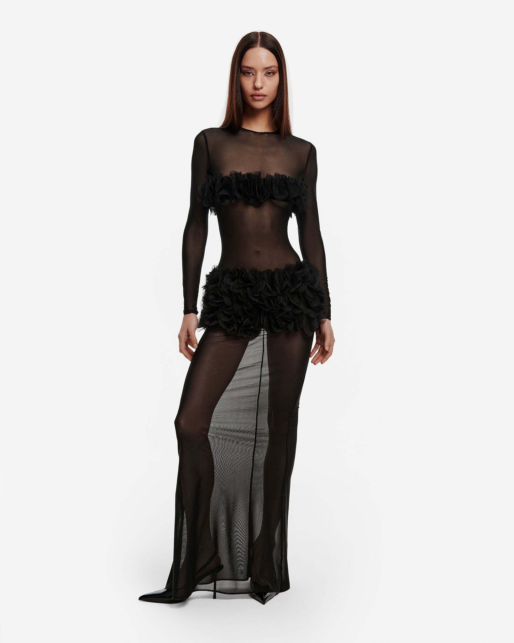 sheer tulle maxi dress Josiane Blue Off-shoulder Sheer Tulle Maxi Dress