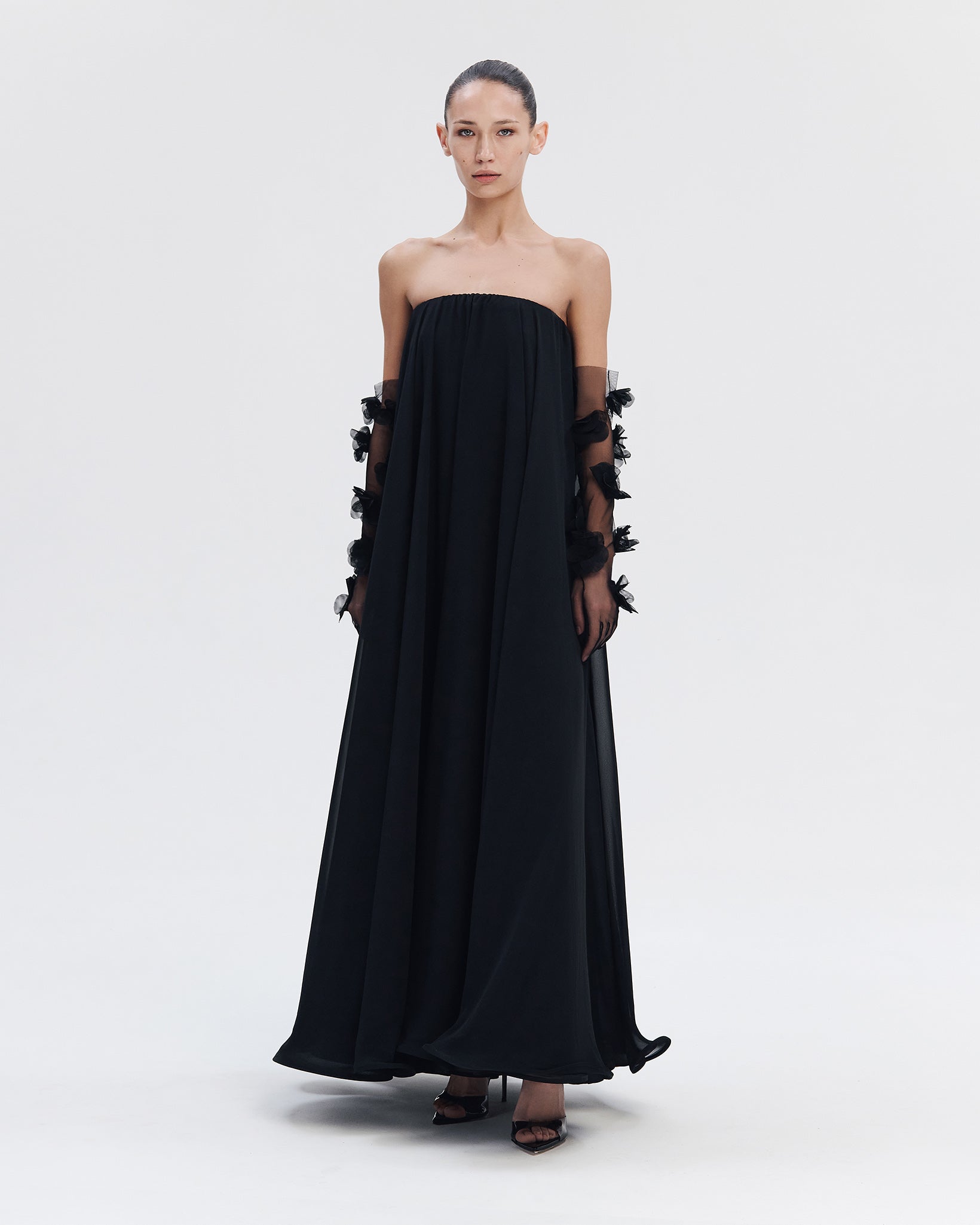 black strapless chiffon maxi dress Soleil