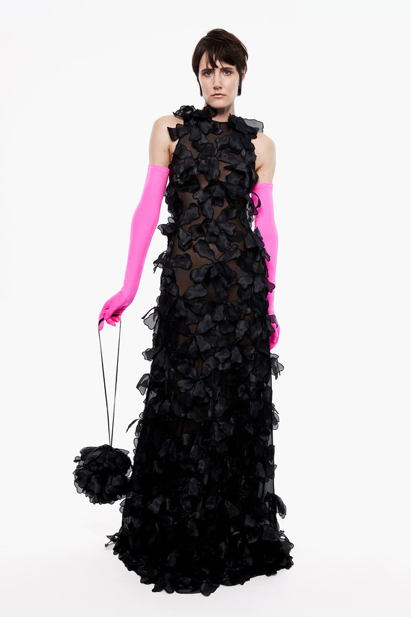 All-Over Appliqué Maxi Dress in Black
