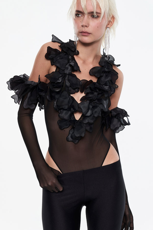 Floral Appliqué Bodysuit in Black